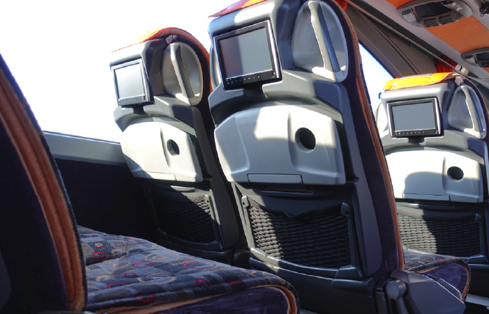 Comfortable seats in intercity buses that comes with monitors
