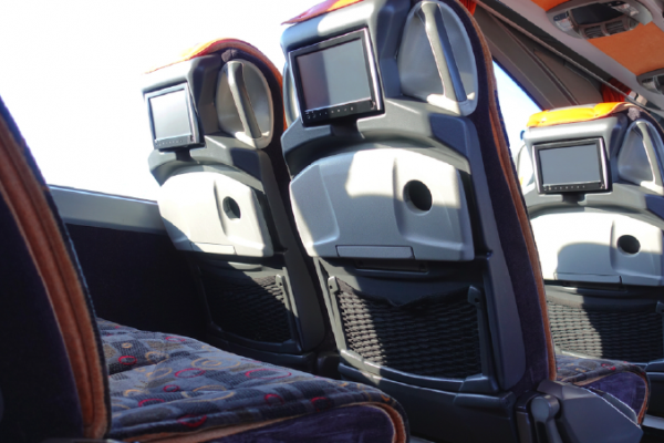 Comfortable seats in intercity buses that comes with monitors